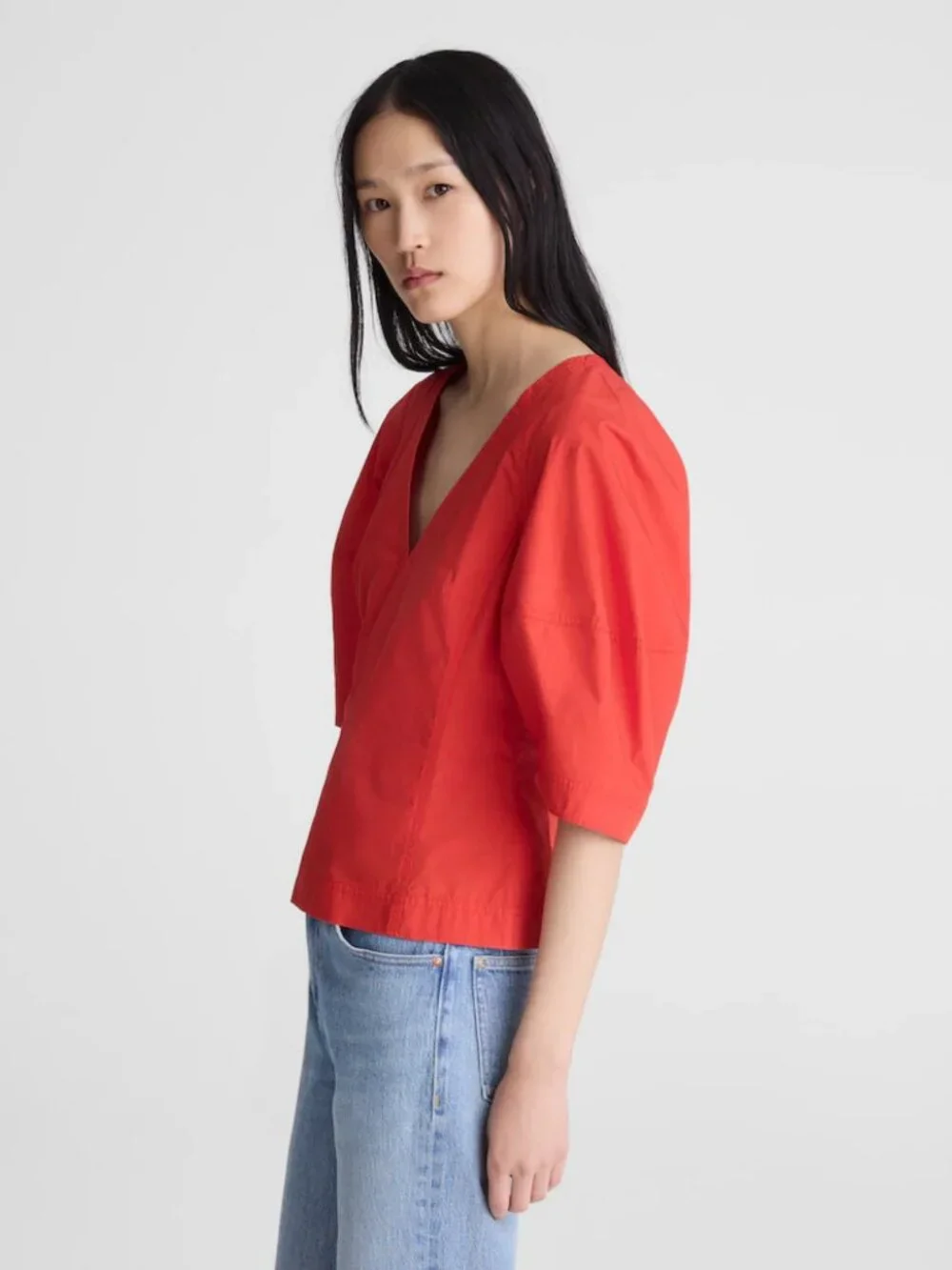 NWT Madewell Sculptural V-Neck Cotton Poplin Top Red Size 4 Capsule Wardrobe